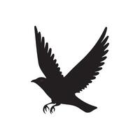 This image depicts a minimalist black silhouette of a bird in flight. The bird wings are spread wide, with feather details stylized in a way that suggests movement. vector