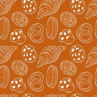 Seamless pattern of various bakery like croissant, pretzel, muffin, and pastry, line art design in white on a warm brown background. Ideal for food packaging, bakery branding and textile vector