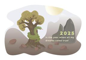 2025 green snake year, a large reptile wraps itself around a tree, colorful illustration with optimistic text vector