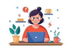Engaging Workspace Illustration with Angry Worker Woman, Laptop and Plants vector