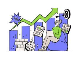 Hand-drawn illustration of a person analyzing financial growth and trends vector