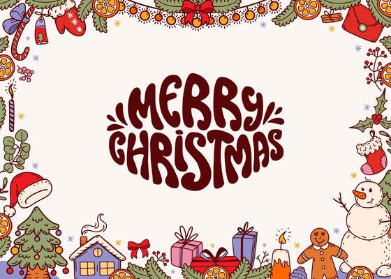 Merry Christmas celebration background. Horizontal frame with cozy Christmas elements. Color doodles. decorated fir tree, snowman, gingerbread cookies and garland. doodle illustration.