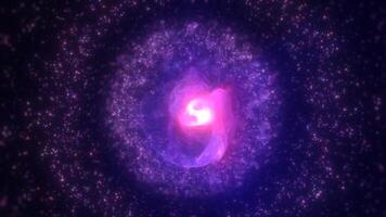 Pink and purple glowing nebula sphere with a swirling core, surrounded by particles, set in a fantasy-like cosmic atmosphere background video