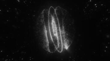 Black and white sphere with illuminated edges and intricate patterns in a cosmic backdrop, representing a futuristic, abstract structure video