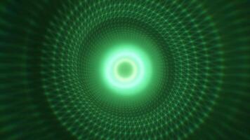 A hypnotic green vortex with a grid-like wireframe tunnel spiraling towards the center, creating a futuristic and geometric visual effect for technology, innovation abstract video