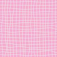 Hand drawn checkered pattern.White grid lines on pink background. Notebook texture. Abstract psychedelic pattern with wavy doodle stripes. vector