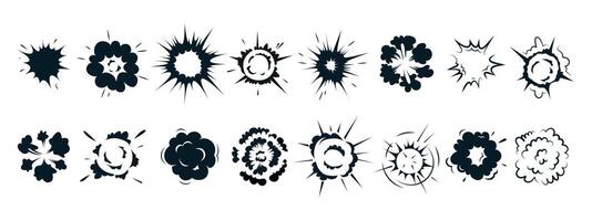 Radial explosive effect. Exploded bomb effect silhouettes set icon. Comic circle burst, round steam cloud, energy explosions, game VFX elements, speed bang power. vector