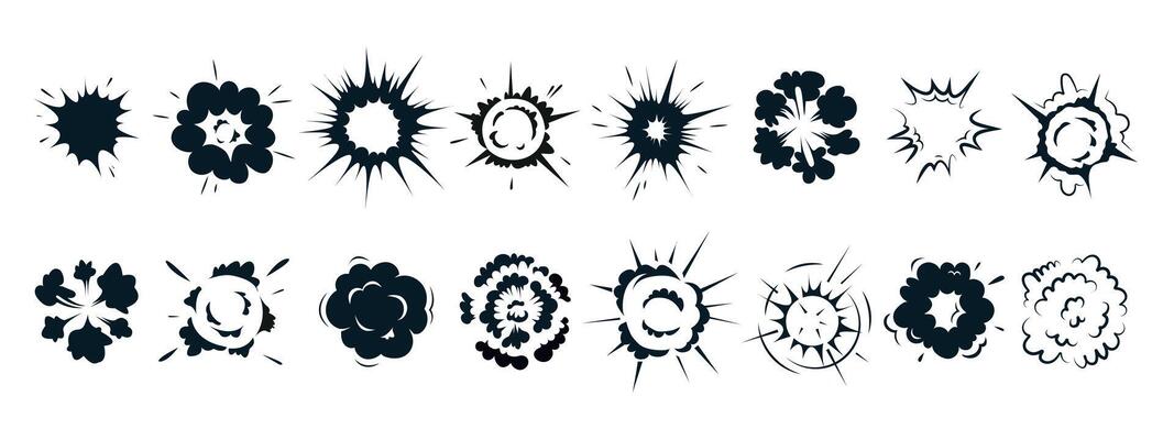 Radial explosive effect. Exploded bomb effect silhouettes set icon. Comic circle burst, round steam cloud, energy explosions, game VFX elements, speed bang power.