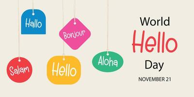 World Hello day, November 21. Greeting card with colorful paper labels with the word Hello. Different languages. Funny banner, calligraphy lettering. vector