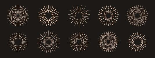 bright fireworks and firecrackers illustration set. Flat icon collection, perfect for parties and events. Gold festive design elements on black background. vector