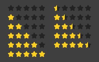 Gold star rating symbols collection. Ideal for app design, representing quality service and positive consumer feedback. Yellow five-star rank on black background. vector