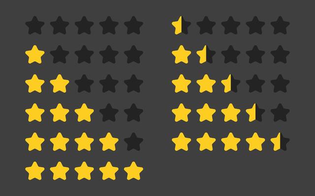 Gold star rating symbols collection. Ideal for app design, representing quality service and positive consumer feedback. Yellow five-star rank on black background.