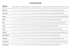 Linear calendar for 2025. Horizontal, week starts on Sunday, black and white, English. vector