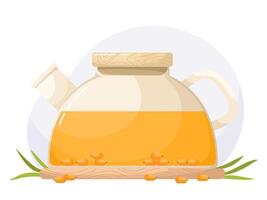 Teapot with sea buckthorn tea. Drink image in flat style. vector