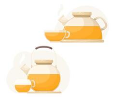 Glass teapots with sea buckthorn or mango tea, glass mug. Drink image in flat style. vector