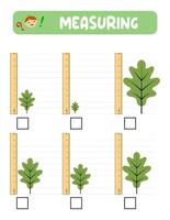 Measuring length with ruler. Education developing worksheet. practice sheets.A leaf measurement in inches. vector