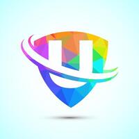English alphabet U with shield and swoosh. Creative modern logo design low poly style vector