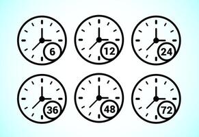 Work time icon design. 6, 12, 24, 36, 48 and 72 hours clock icons vector