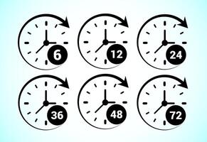 Work time icon design. 6, 12, 24, 36, 48 and 72 hours clock icons vector