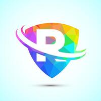 English alphabet R with shield and swoosh. Creative modern logo design low poly style vector