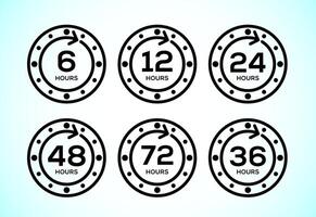 Work time icon. 6, 12, 24, 36, 48 and 72 hours clock icons vector
