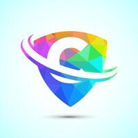 English alphabet C with shield and swoosh. Creative modern logo design low poly style vector