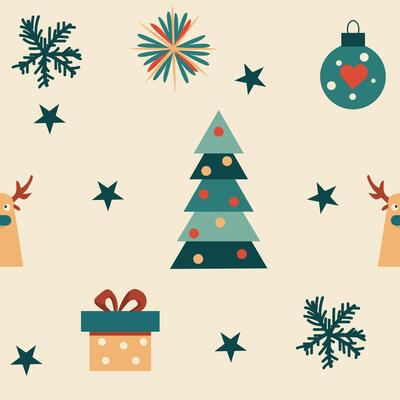 pattern with deer, a gift and a Christmas tree , Seamless