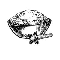 Crushed clove spice in a bowl. graphics with the image of aromatic spices. Black and white hand-drawn illustration. On a white background. Great for culinary recipes, menus, posters or labels vector