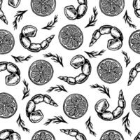 Seamless pattern with shrimps, lemon and herbs. graphics with the image of cooked seafood. Hand drawn black and white illustration of the dish. For menus, posters, labels, textiles and decor. vector