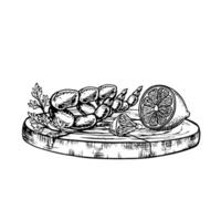 A dish of shrimp with lemon. graphics with the image of cooked seafood. A black and white hand-drawn illustration of the dish. For a menu, poster, or label. For cooking recipes, invitations. vector