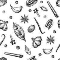 Seamless pattern with spices. graphics with the image of aromatic culinary spices of different types. Black and white hand-drawn illustrations. On a white background. For menus, textiles, label vector
