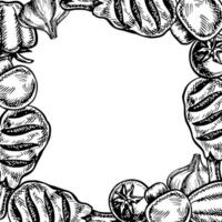 Frame with fried chicken legs and vegetables. graphics with the image of chicken legs cooked on the grill. Hand-drawn black and white illustration. For a culinary recipe, menu, label, packaging vector
