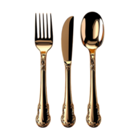 Set of Three Gold Colored Flatware Fork, Knife, and Spoon on Transparent Background png