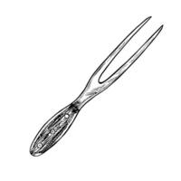 A barbecue fork. graphics depicting a fork with a wooden handle. A black and white hand-drawn illustration. An element of kitchen design, recipe, menu. For posters, labels, packages. vector
