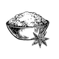 Crushed star anise in a bowl. graphics with the image of aromatic spices. Black and white hand-drawn illustration. On a white background. Perfect for cooking recipes, menus, posters or labels. vector