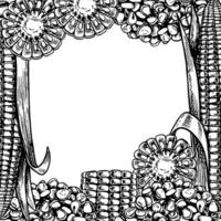 A frame with corn. graphics depicting a frame of sliced corn cobs and a handful of grains. A black and white hand-drawn illustration. On a white background. Great for labels, menus, packaging, vector