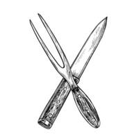 A fork and a barbecue knife. graphics with images of kitchen utensils. Black and white hand-drawn illustration. An element of the design of a kitchen, restaurant, recipe, menu, posters, labels. vector