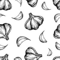 Seamless pattern with garlic. graphics with the image of aromatic spices. Black and white hand-drawn illustration. On a white background. Ideal for culinary recipes, menus, textiles or labels. vector