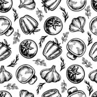 Seamless pattern with vegetables, peppers, tomatoes and garlic. graphics. Black and white hand-drawn illustration. On a white background. For labels, culinary recipes and packaging and textiles vector