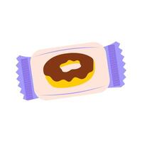 Icing donut in package in flat design. Sweet snack dessert in plastic bag. illustration isolated. vector