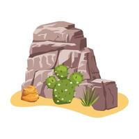 Desert nature in flat design. Rough rocks, green cactus and grass in sand. illustration isolated. vector