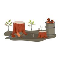Deforestation and environmental pollution in flat design. Ecosystem destruction. illustration isolated. vector