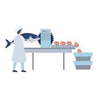 Fish industry in flat design. Operator cutting salmon at slices at factory. illustration isolated. vector