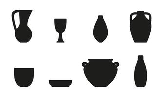 Set of Silhouettes of Jugs, pots and dishes. Black full Icons of Pottery. Amphora. Ceramics - craft with clay. Vase, cup and bowl. Plate, glass. Vessel with handle. Isolated. illustration. vector