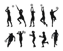 Womens basketball, girl players standing with the ball, running, jumping, throwing, dunking, shooting, passing the ball, set vector