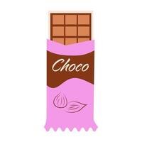 Chocolate tablet in open package in flat design. Sweet snack in wrapper. illustration isolated. vector
