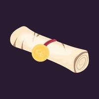 Old magic scrolls with gold medal in flat design. Witchcraft manuscript. illustration isolated. vector