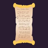 Old handwriting magic scroll in flat design. Open manuscript with spells. illustration isolated. vector