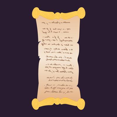 Old handwriting magic scroll in flat design. Open manuscript with spells. illustration isolated.