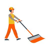 Man in uniform using cleanup brush or broom in flat design. Street cleaning. illustration isolated. vector